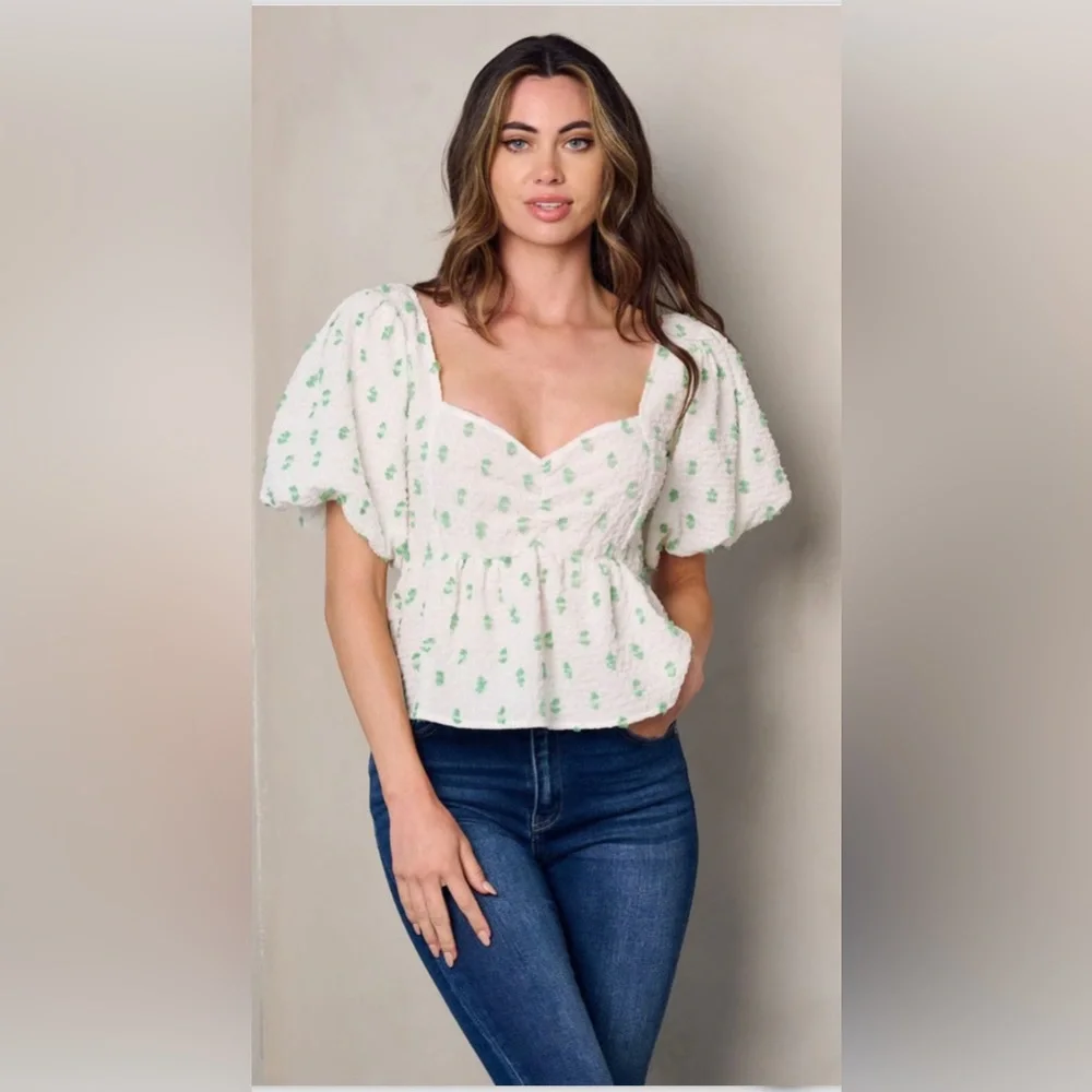 WHITE/GREEN SHORT PUFF SLEEVE DETAILED PEPLUM TOP - Picture 3 of 7